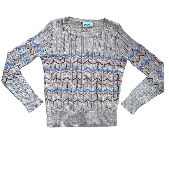 Vintage College Town Chevron Striped Scoop Neck Long Sleeve Lightweight Sweater - Picture 1 of 10